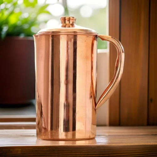 Pure Copper Plain Jug Pitcher with Lid Storage Water Serveware Home Hotel Restaurant Benefit Yoga Ayurveda