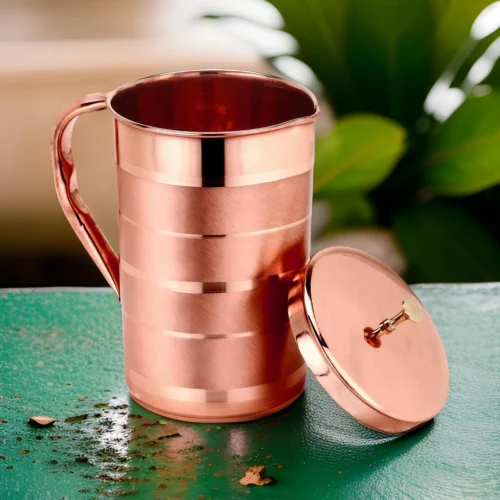 Pure Copper Silverline Jug Pitcher with Brass Knob on Lid Storage Water Serveware Home Hotel Restaurant Benefit Yoga Ayurveda