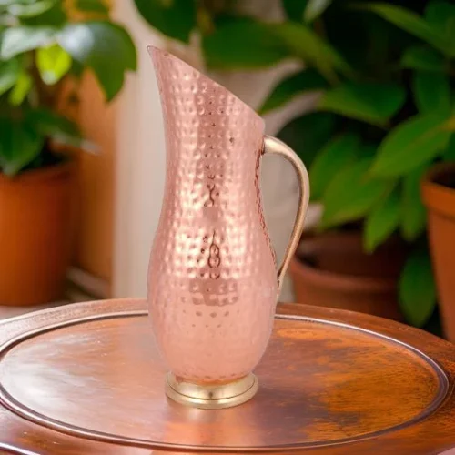 Pure Copper Hammered Jug with Brass Handle, Mughlai Style Pitcher for Serving Drinks