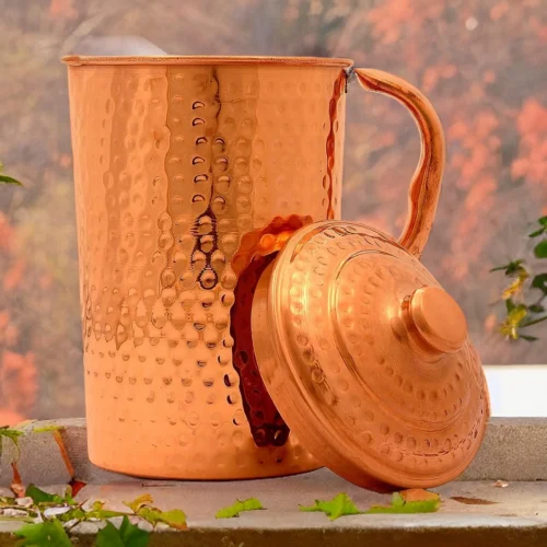 Pure Copper Hammered Jug Pitcher with Lid Storage Water Serveware Home Hotel Restaurant Benefit Yoga Ayurveda