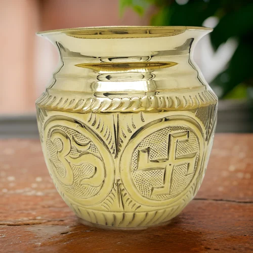 Puja Kalash / Lota made of Brass with Om and Swastik embossed