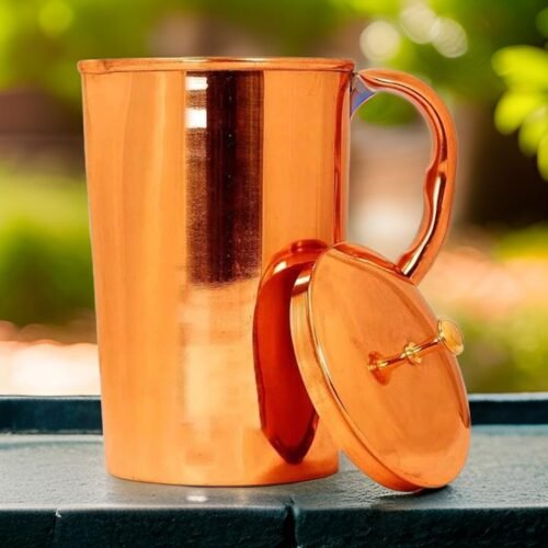 Pure Copper Plain Jug Pitcher with Brass Knob on Lid Storage Water Serveware Home Hotel Restaurant Benefit Yoga Ayurveda