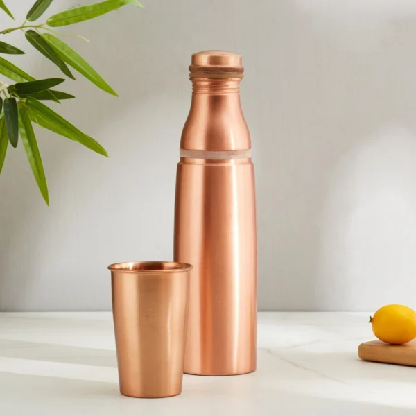 Pure Copper Matt Finished Lacquer Coated Water Bottle With Built-in Glass, Drinkware, 950 ML - Image 5