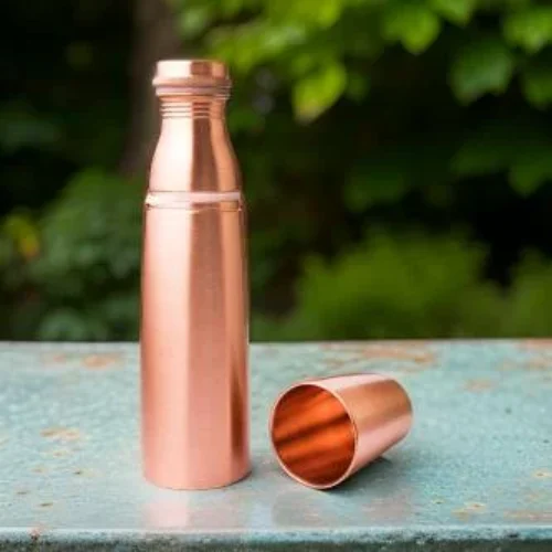 Pure Copper Matt Finished Lacquer Coated Water Bottle With Built-in Glass, Drinkware, 950 ML