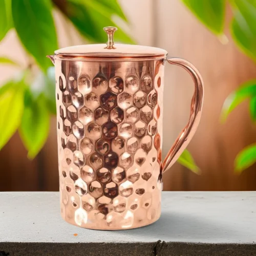 Pure Copper Diamond Hammered Jug, Pitcher With Brass Knob on Lid, Serveware, Drinkware