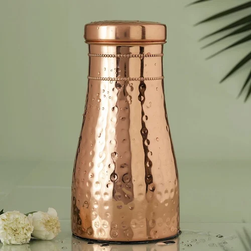 Pure Copper Bedroom Water Bottle with Inbuilt Glass, Hammered Shine Design